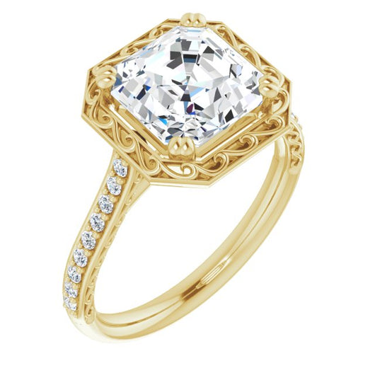10K Yellow Gold Customizable Asscher Cut Halo Design with Filigree and Accented Band