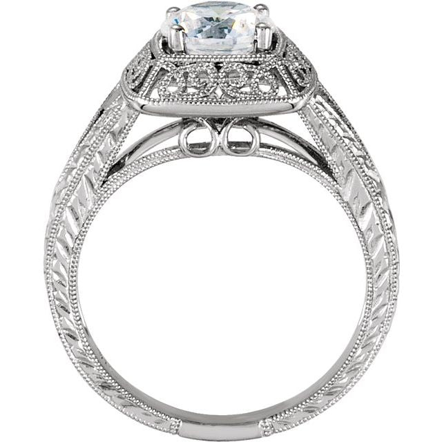 Cubic Zirconia Engagement Ring- The Angel (1 Carat Round Solitaire with Split-Band and Engraved Mega-Mounting)