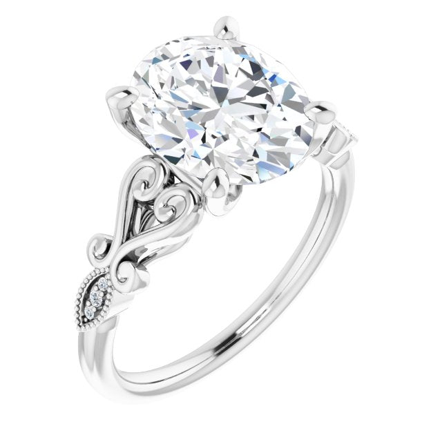 10K White Gold Customizable 7-stone Design with Oval Cut Center Plus Sculptural Band and Filigree