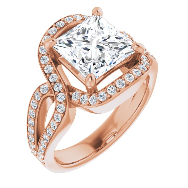 10K Rose Gold Customizable Princess/Square Cut Center with Infinity-inspired Split Shared Prong Band and Bypass Halo