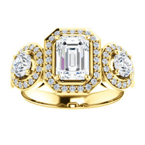 Cubic Zirconia Engagement Ring- The Justine (Customizable Emerald Cut Center 3-Stone Halo-Style)