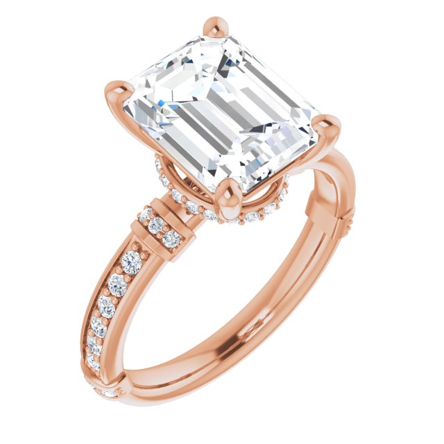 10K Rose Gold Customizable Emerald/Radiant Cut Style featuring Under-Halo, Shared Prong and Quad Horizontal Band Accents