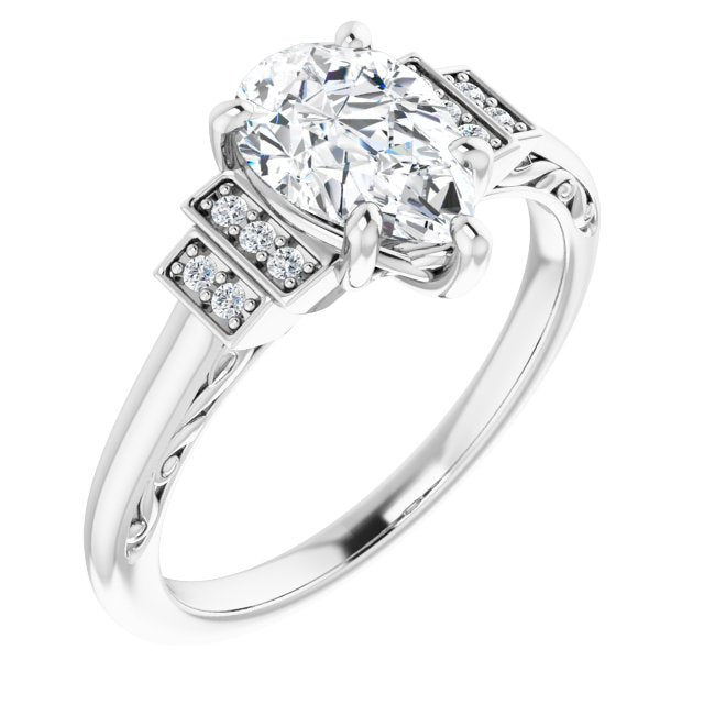 10K White Gold Customizable Engraved Design with Pear Cut Center and Perpendicular Band Accents