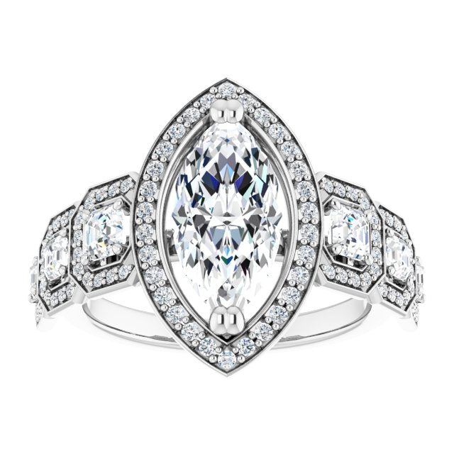 Cubic Zirconia Engagement Ring- The Carmela (Customizable Cathedral-Halo Marquise Cut Design with Six Halo-surrounded Asscher Cut Accents and Ultra-wide Band)