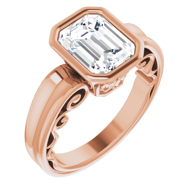 10K Rose Gold Customizable Bezel-set Emerald/Radiant Cut Solitaire with Wide 3-sided Band