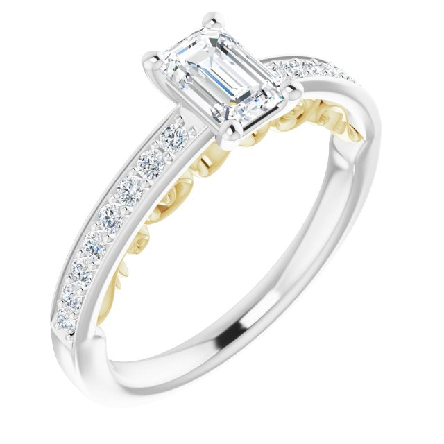 14K White & Yellow Gold Customizable Emerald/Radiant Cut Design featuring 3-Sided Infinity Trellis and Round-Channel Accented Band