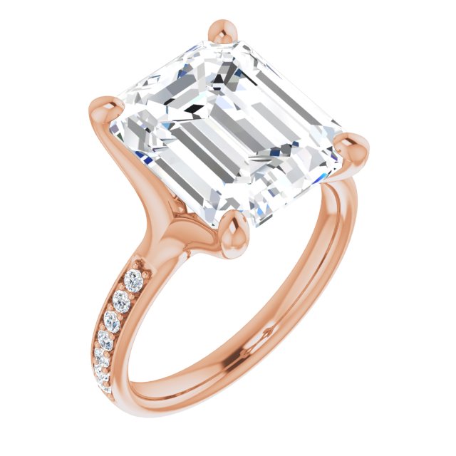 10K Rose Gold Customizable Heavy Prong-Set Emerald/Radiant Cut Style with Round Cut Band Accents