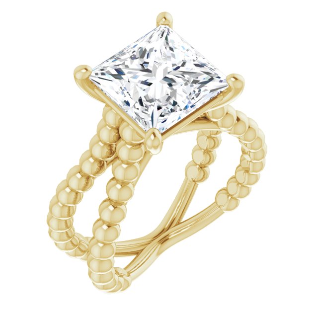 10K Yellow Gold Customizable Princess/Square Cut Solitaire with Wide Beaded Split-Band