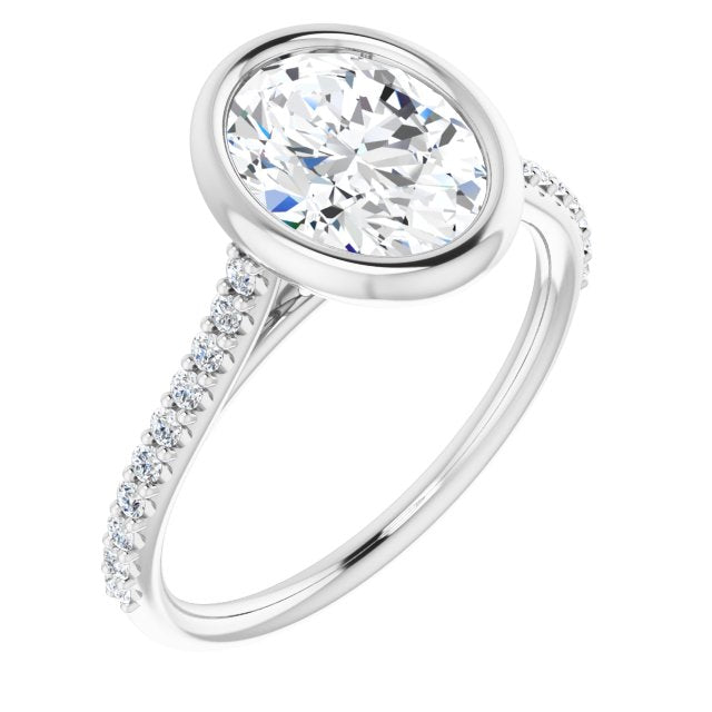 10K White Gold Customizable Bezel-set Oval Cut Style with Ultra-thin Pavé-Accented Band