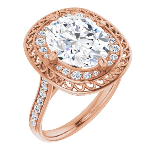 10K Rose Gold Customizable Cathedral-style Oval Cut featuring Cluster Accented Filigree Setting & Shared Prong Band