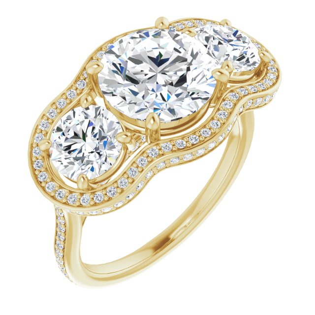 18K Yellow Gold Customizable 3-stone Round Cut Design with Multi-Halo Enhancement and 150+-stone Pavé Band