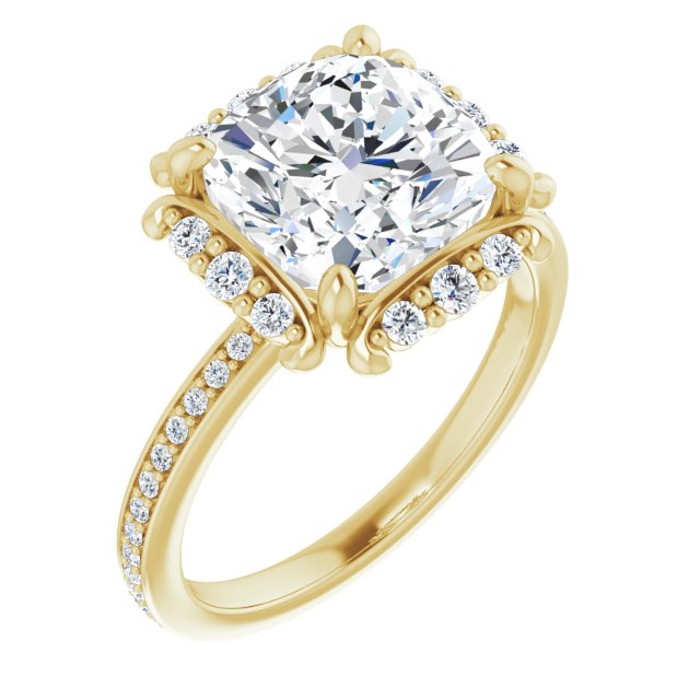 10K Yellow Gold Customizable Cushion Cut Style with Halo and Thin Shared Prong Band