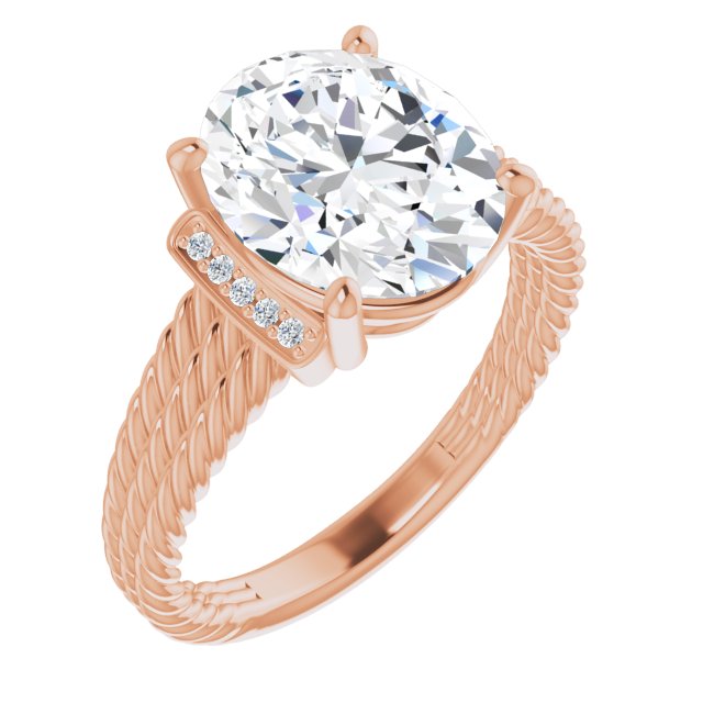 10K Rose Gold Customizable 11-stone Design featuring Oval Cut Center, Vertical Round-Channel Accents & Wide Triple-Rope Band