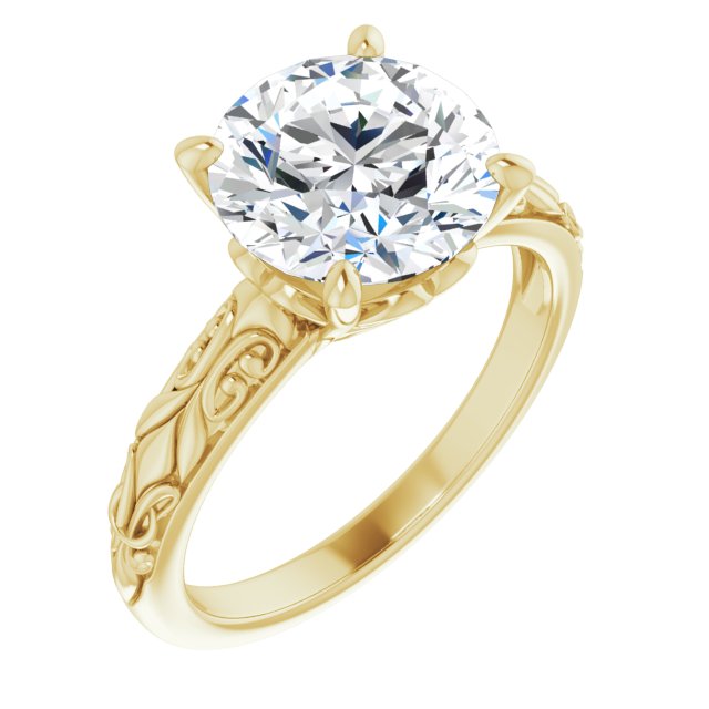 10K Yellow Gold Customizable Round Cut Solitaire featuring Delicate Metal Scrollwork