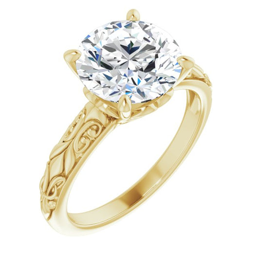 10K Yellow Gold Customizable Round Cut Solitaire featuring Delicate Metal Scrollwork