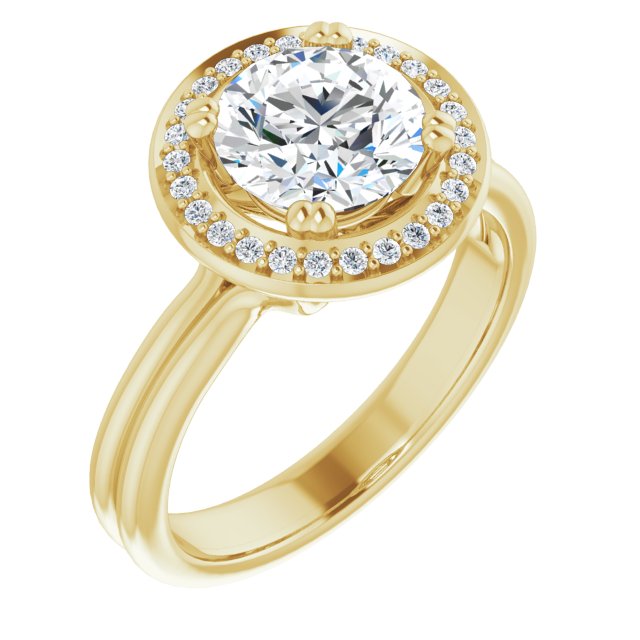 10K Yellow Gold Customizable Round Cut Style with Scooped Halo and Grooved Band