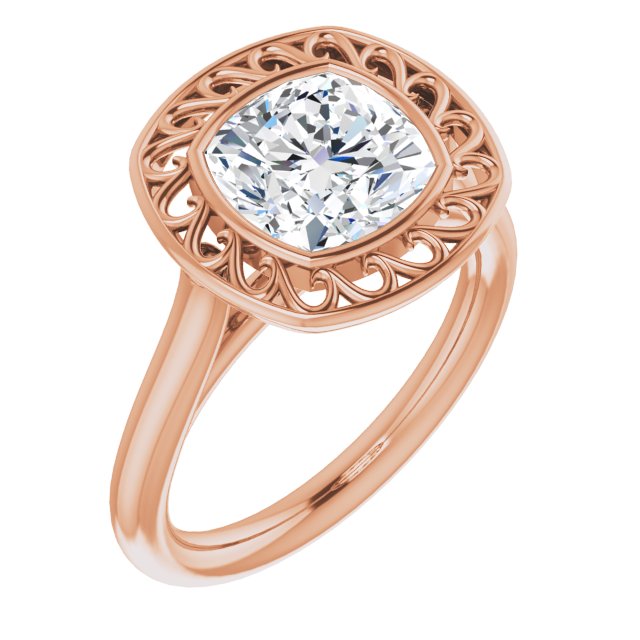 10K Rose Gold Customizable Cathedral-Bezel Style Cushion Cut Solitaire with Flowery Filigree