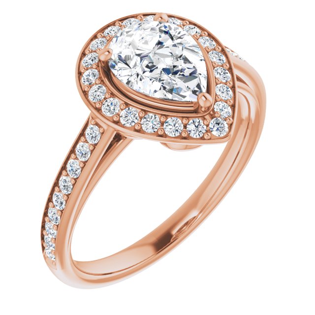 10K Rose Gold Customizable Cathedral-raised Pear Cut Halo-and-Accented Band Design