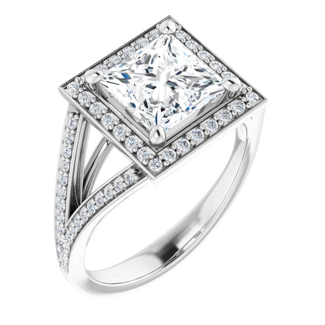 10K White Gold Customizable Cathedral-Halo Princess/Square Cut Style featuring Split-Shared Prong Band