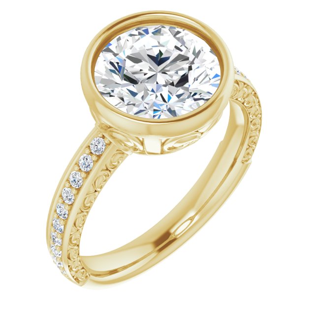 14K Yellow Gold Customizable Bezel-set Round Cut Design with Cloud-pattern Band & Semi-Eternity Accents
