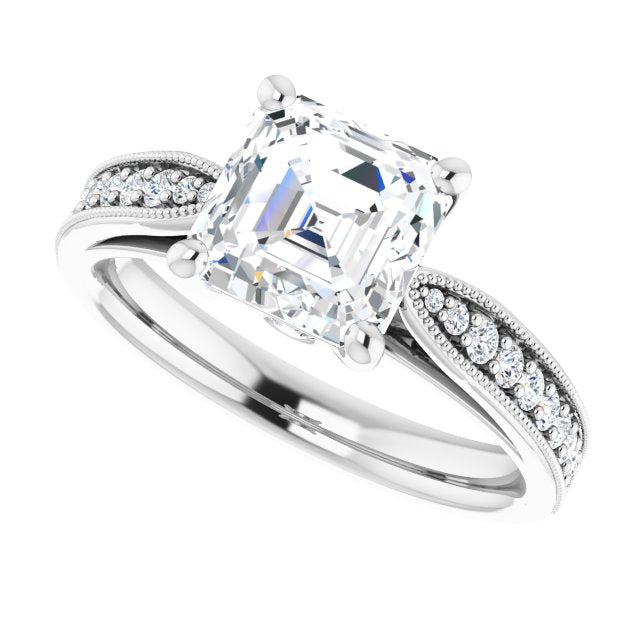 Cubic Zirconia Engagement Ring- The Carli Love (Customizable Asscher Cut Style featuring Milgrained Shared Prong Band & Dual Peekaboos)