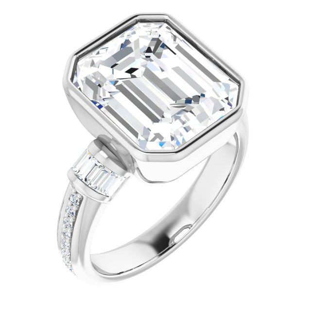 10K White Gold Customizable Cathedral-Bezel Emerald/Radiant Cut Style with Horizontal Baguettes & Shared Prong Band