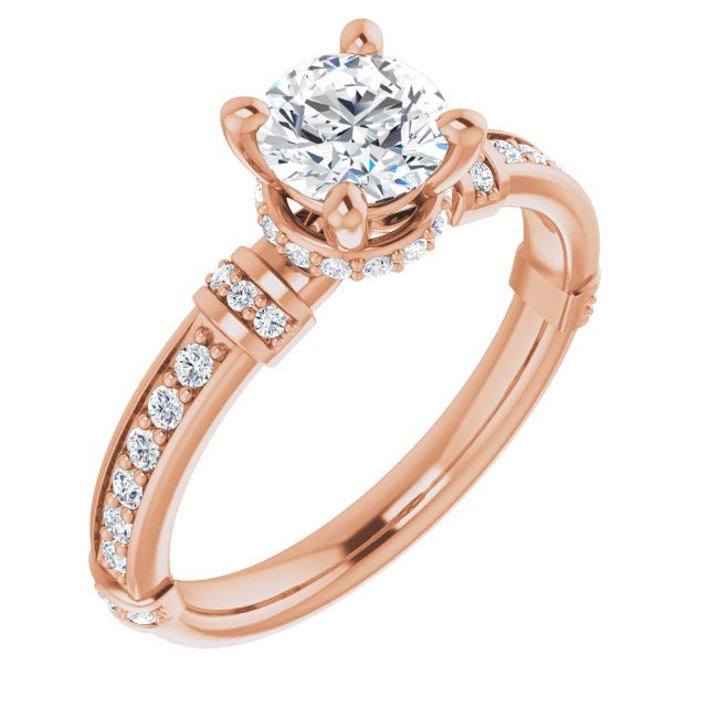 10K Rose Gold Customizable Round Cut Style featuring Under-Halo, Shared Prong and Quad Horizontal Band Accents