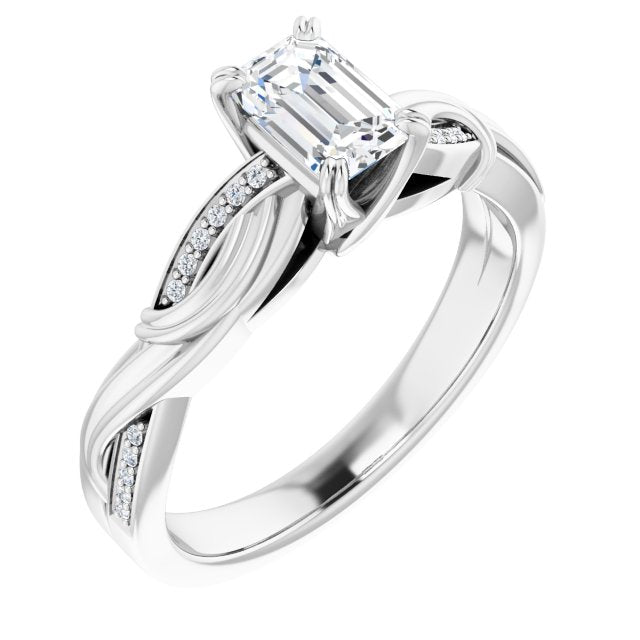 10K White Gold Customizable Cathedral-raised Emerald/Radiant Cut Design featuring Rope-Braided Half-Pavé Band