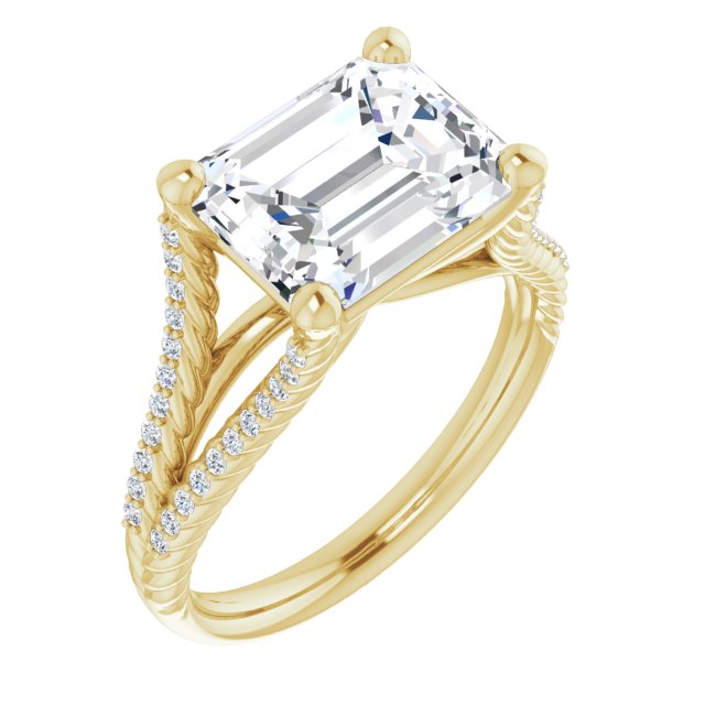 10K Yellow Gold Customizable Emerald/Radiant Cut Style with Split Band and Rope-Pavé