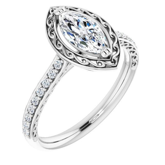 10K White Gold Customizable Marquise Cut Halo Design with Filigree and Accented Band