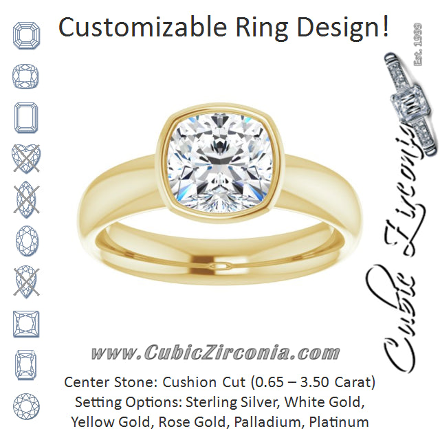 Cubic Zirconia Engagement Ring- The Jenny (Customizable Bezel-set Cushion Cut Solitaire with Wide Band)