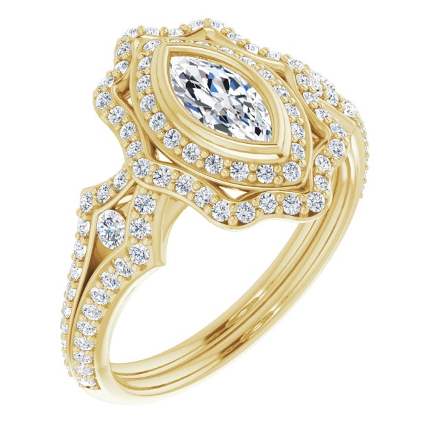 10K Yellow Gold Customizable Marquise Cut Style with Ultra-wide Pavé Split-Band and Nature-Inspired Double Halo
