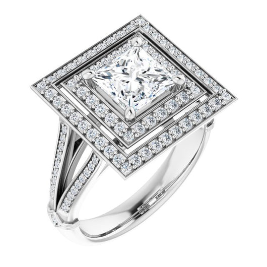 10K White Gold Customizable Cathedral-set Princess/Square Cut Design with Double Halo, Wide Split-Shared Prong Band and Side Knuckle Accents