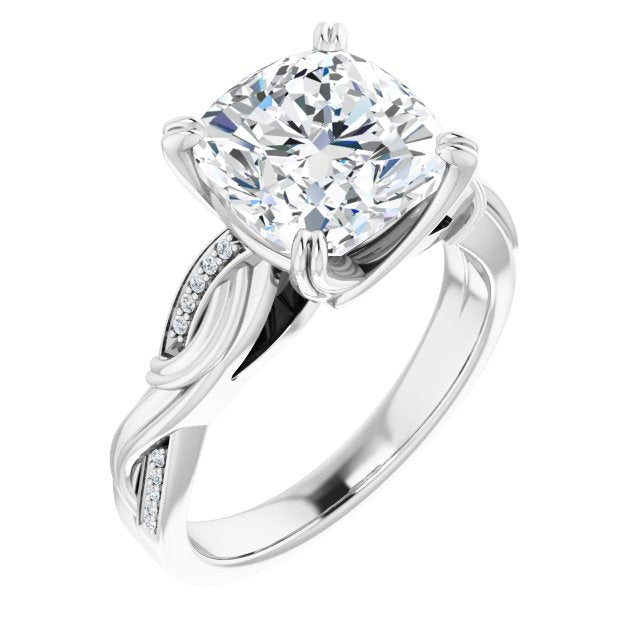 10K White Gold Customizable Cathedral-raised Cushion Cut Design featuring Rope-Braided Half-Pavé Band