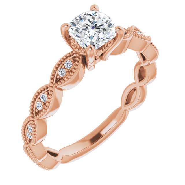 10K Rose Gold Customizable Cushion Cut Artisan Design with Scalloped, Round-Accented Band and Milgrain Detail