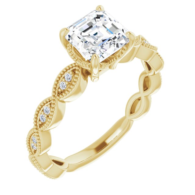 10K Yellow Gold Customizable Asscher Cut Artisan Design with Scalloped, Round-Accented Band and Milgrain Detail