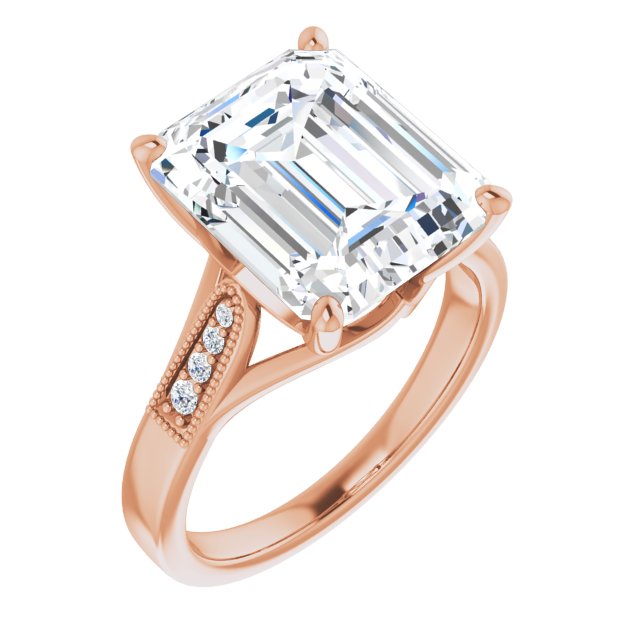 10K Rose Gold Customizable 9-stone Vintage Design with Emerald/Radiant Cut Center and Round Band Accents