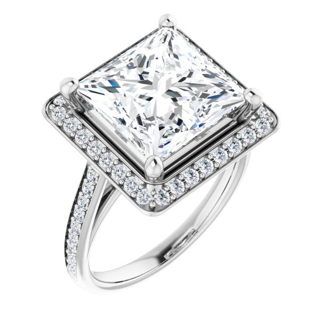 10K White Gold Customizable Cathedral-raised Princess/Square Cut Halo-and-Accented Band Design