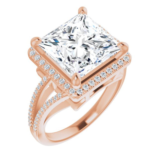 10K Rose Gold Customizable Princess/Square Cut Vintage Design with Halo Style and Asymmetrical Split-Pavé Band