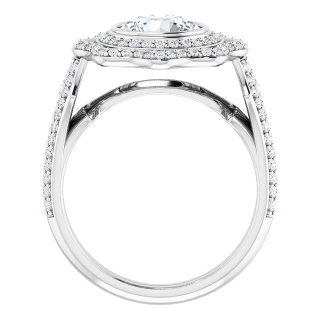 Cubic Zirconia Engagement Ring- The Arya (Customizable Round Cut Style with Ultra-wide Pavé Split-Band and Nature-Inspired Double Halo)