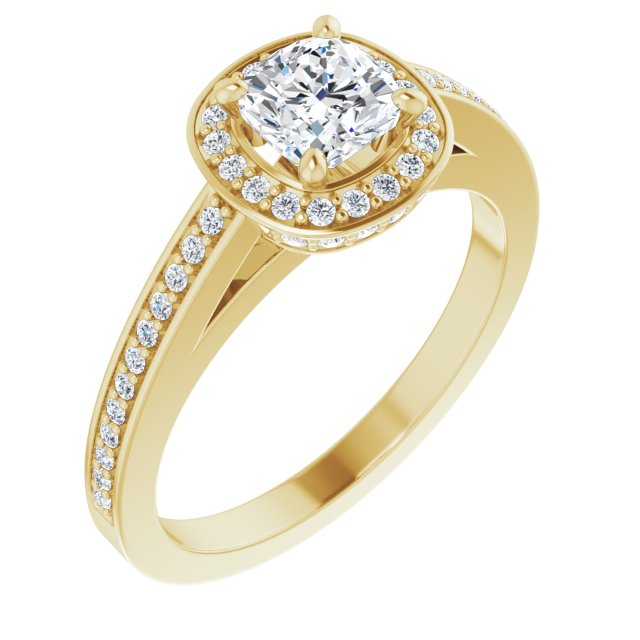 10K Yellow Gold Customizable Cathedral-set Cushion Cut Design with Halo, Thin Pavé Band & Round-Bezel Peekaboos