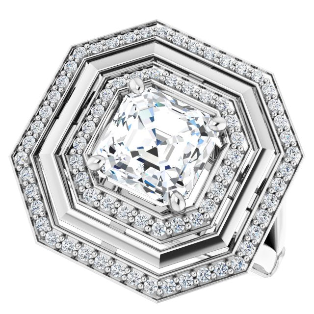 Cubic Zirconia Engagement Ring- The Allie (Customizable Asscher Cut Oversized 2x Halo Style with Knuckle Accented Split Band)