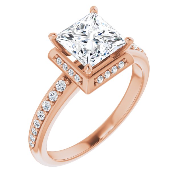 10K Rose Gold Customizable Princess/Square Cut Design with Geometric Under-Halo and Shared Prong Band