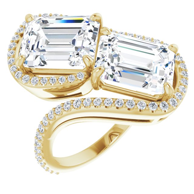 10K Yellow Gold Customizable Double Emerald/Radiant Cut 2-Stone Style Enhanced with Accented Artisan Bypass Band