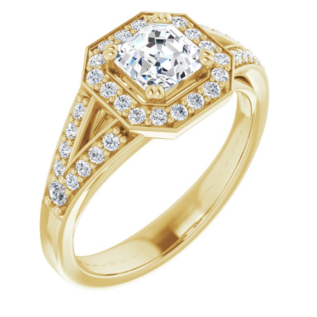 10K Yellow Gold Customizable Cathedral-set Asscher Cut Style with Accented Split Band and Halo