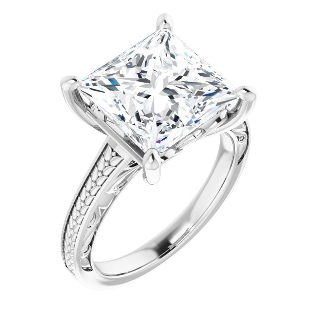 10K White Gold Customizable Princess/Square Cut Solitaire with Organic Textured Band and Decorative Prong Basket