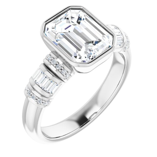 10K White Gold Customizable Bezel-set Emerald/Radiant Cut Setting with Wide Sleeve-Accented Band