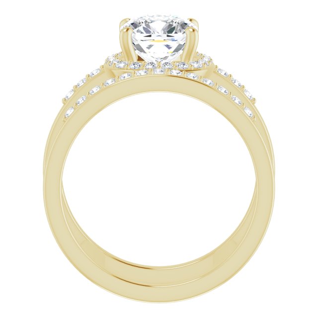 Cubic Zirconia Engagement Ring- The Jersey (Customizable Cushion Cut Halo Design with Open, Ultrawide Harness Double Pavé Band)