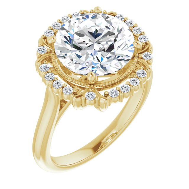 10K Yellow Gold Customizable Round Cut Design with Majestic Crown Halo and Raised Illusion Setting
