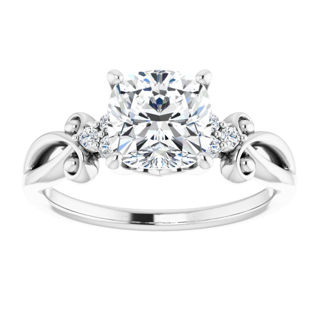 Cubic Zirconia Engagement Ring- The Adele (Customizable 7-stone Cushion Cut Design with Tri-Cluster Accents and Teardrop Fleur-de-lis Motif)